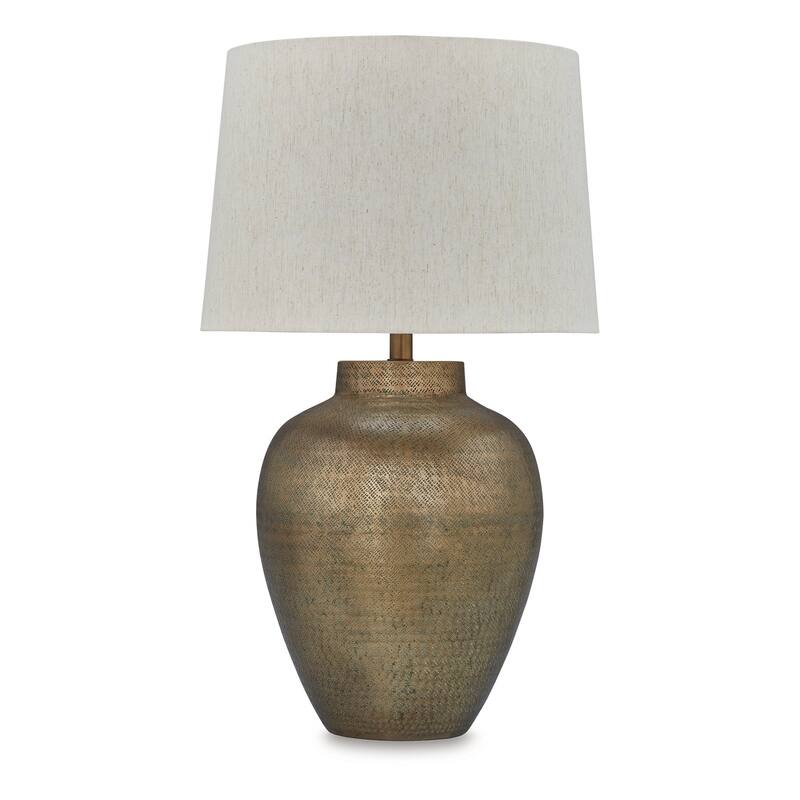 Table Lamp, Metal Hammered Pot Base, White Fabric Drum Shade 29 Inch
