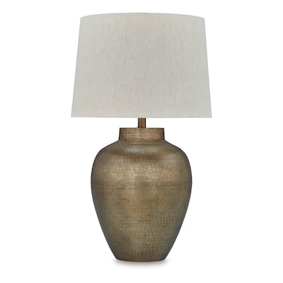 Table Lamp, Metal Hammered Pot Base, White Fabric Drum Shade 29 Inch
