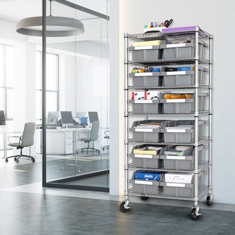 Seville Classics Commercial 7-Tier NSF 12 Bin Steel Rack Shelving Storage System, 24" W x 14.25" D x 56" H