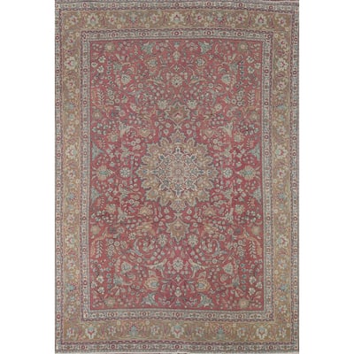 Floral Pink Tabriz Persian Vintage Area Rug Hand-Knotted Wool Carpet - 8'0"x 10'11"