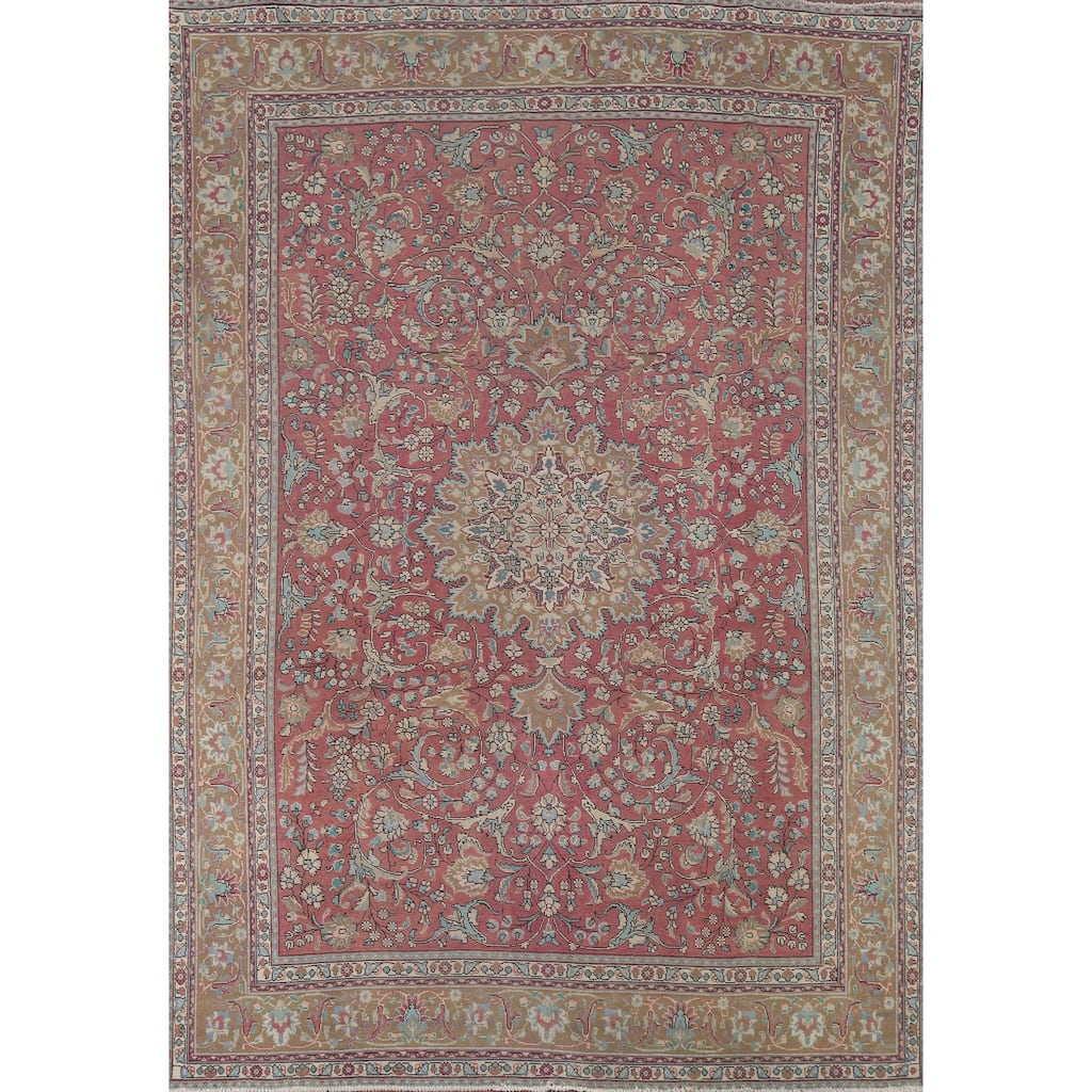Floral Pink Tabriz Persian Vintage Area Rug Hand-Knotted Wool Carpet - 8'0"x 10'11"