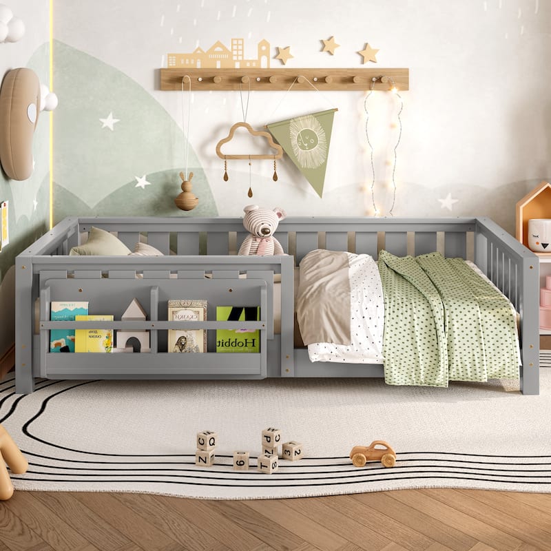 Montessori Floor Bed Low Profile Kids Bed with Rails & Bookshelf