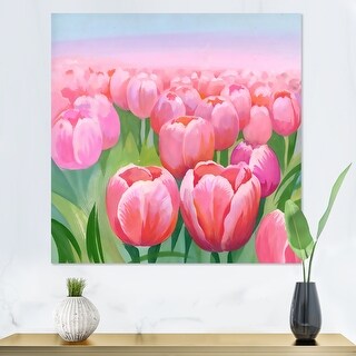 Designart "Field Of Pink Tulips In The Field" Traditional Canvas Wall ...