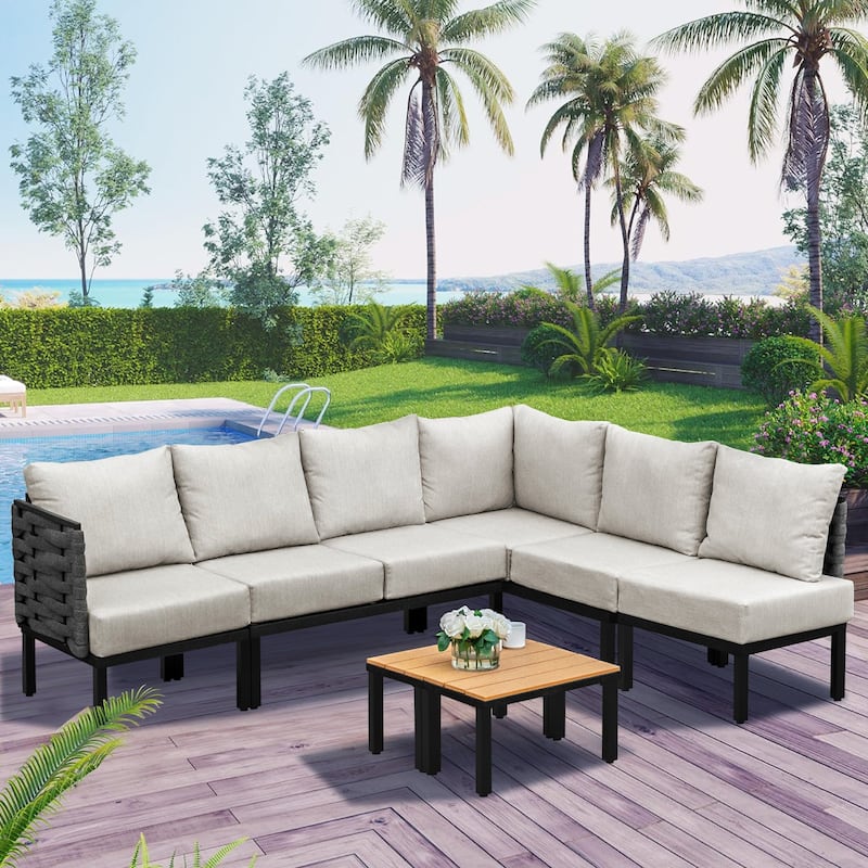 Outdoor Patio Furniture Set, L-Shaped Sectional Sofa with 6" Thick Cushion & Coffee Table for Backyard, Porch - 8-Piece