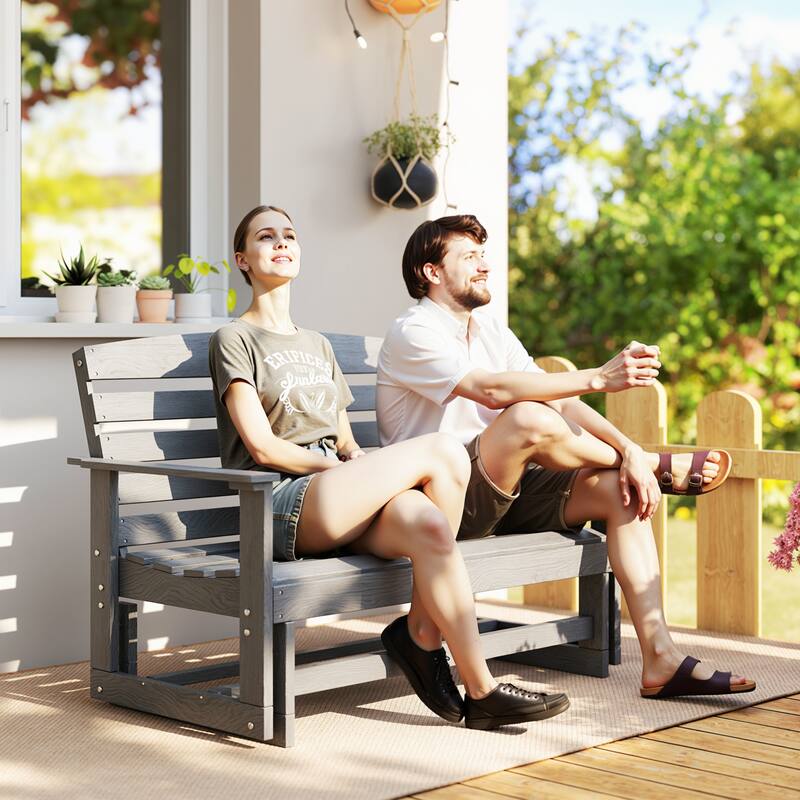 Outsunny 2-Person Outdoor Glider Bench Patio Double Swing Rocking Chair Loveseat w/ Slatted HDPE Frame - Grey