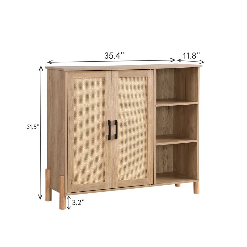 GDFStudio - Harper Mid-Century Modern Storage Cabinet with Woven Rattan Doors, Open & Adjustable Shelves - Particle Board
