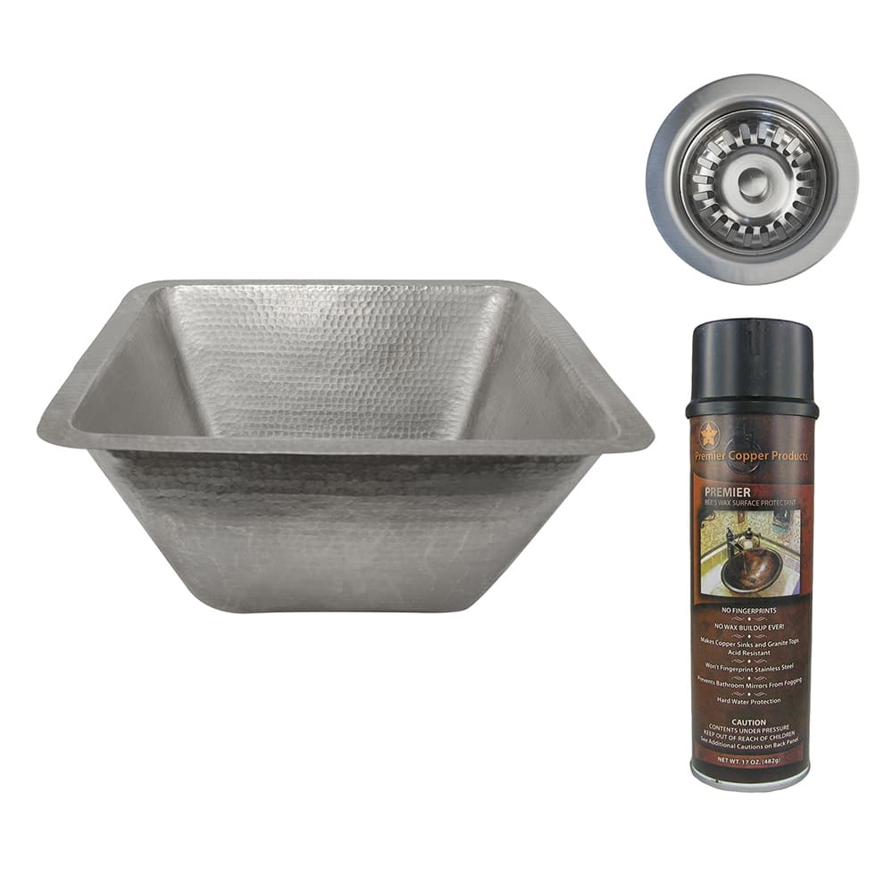 17" Large Square Hammered Copper Bar/Prep Sink in Nickel, Matching Drain and Accessories
