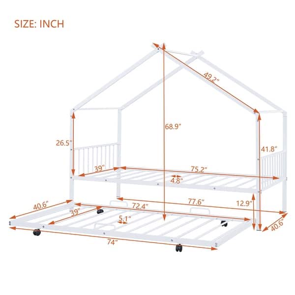 dimension image slide 1 of 3, Twin Size Metal House Bed with Twin Size Trundle