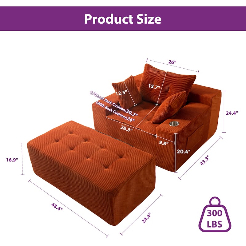 Corduroy Upholstered Memory Foam Sofa With Ottoman Upholstered Bean Bag Couch - 48.4"Lx67.7"Wx24.4"H
