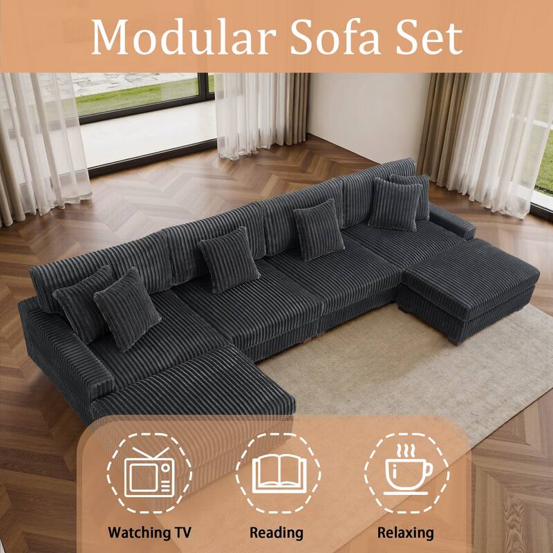 Modular Cotton Flannel Plush Sectional Sofa with Ottomans