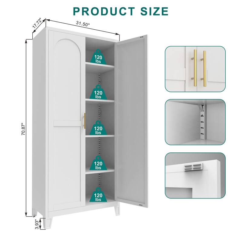 Freestanding White Metal Kitchen Pantry Cabinet with Doors - N/A