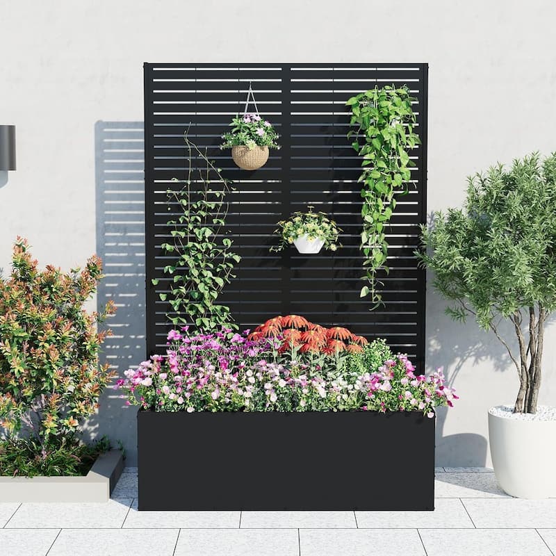 Metal Privacy Screen Planter Box, Raised Garden Bed for Climbing Plants, Veggies, Horizontal Stripes - Black