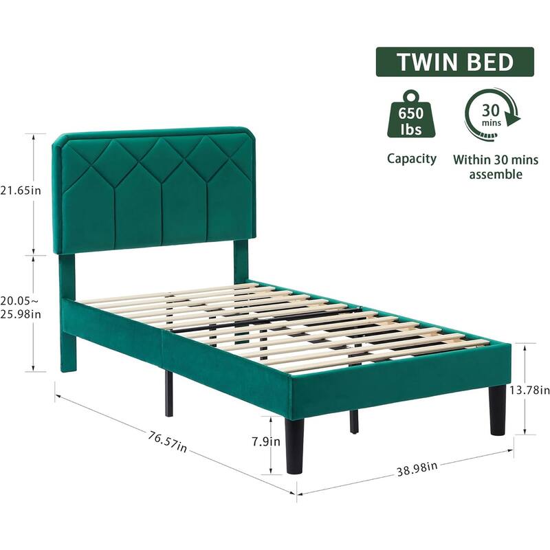 2 Pcs Upholstered Twin Size Platform Bed with Adjustable Headboard