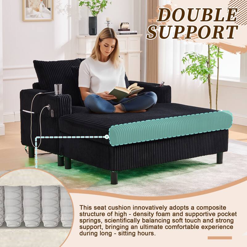 GDFStudio - Corduroy Recliner Sofa with USB Charging, RGB LED Light Strip - Suitable for Living Room and Bedroom