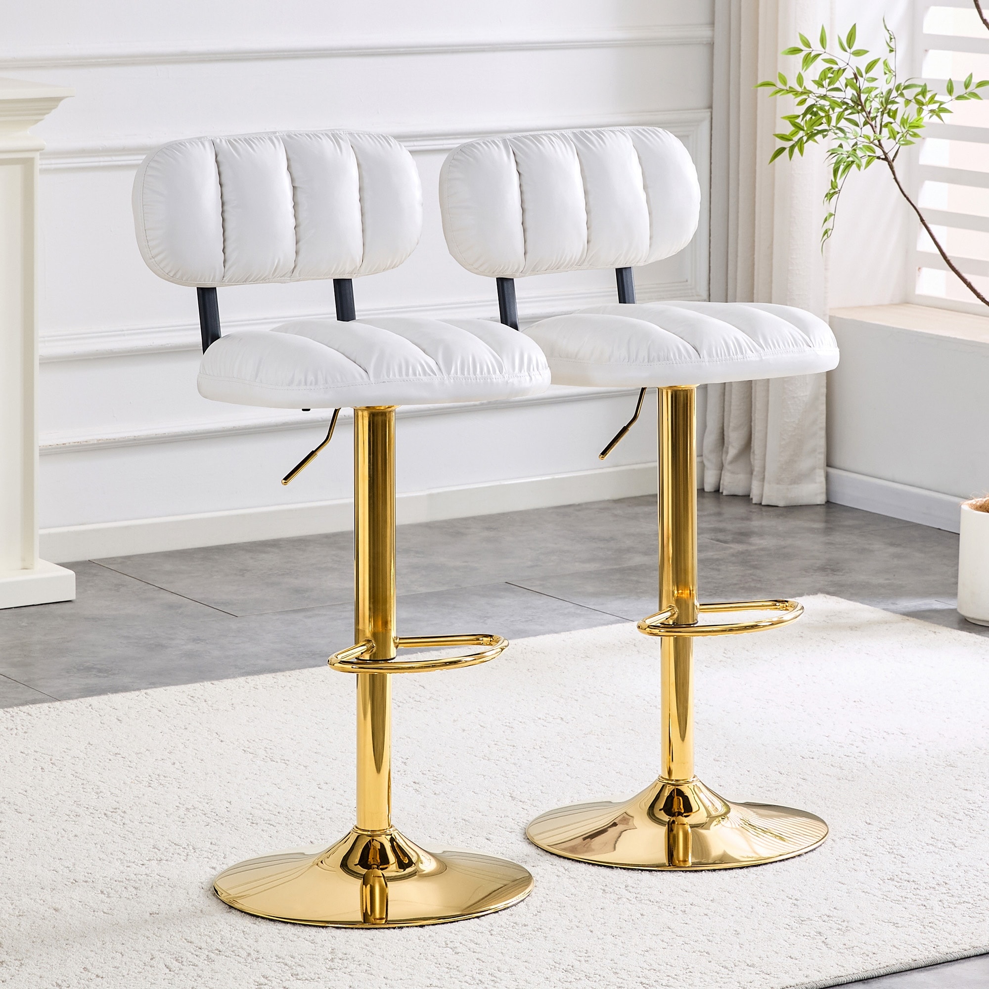 Adjustable Height Swivel Bar Stools Set of 2, PU Leather Upholstered Bar Stools, Dining Chairs with Metal Base & Footrest