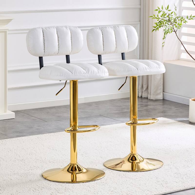 Set of 2 Adjustable Height Bar Stools, White PU Leather with Gold Metal Base & Footrest