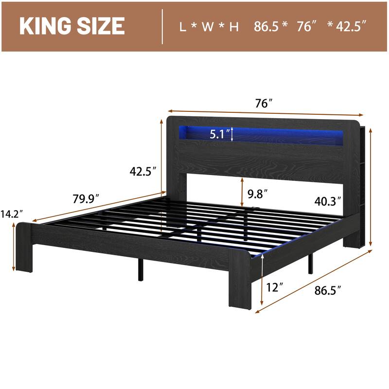 Wood Platform Bed Frame with LED Storage Headboard, USB Charging Ports, Noise-Free Design & Large Underbed Storage