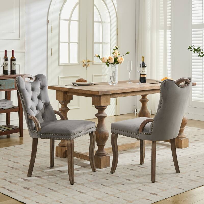 Velvet Dining Chair with Tufted Trim and Wood Legs (Set of 2)