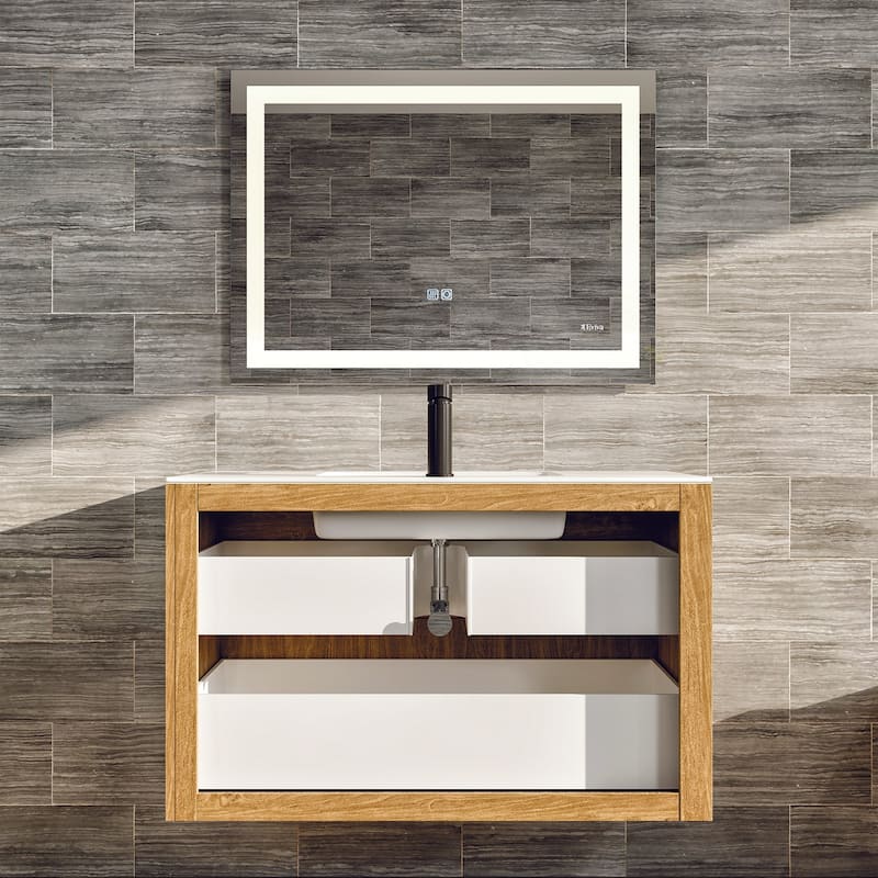 Mosaic 33"W Natural Oak Wall Mount Bath Vanity with Solid Surface Top