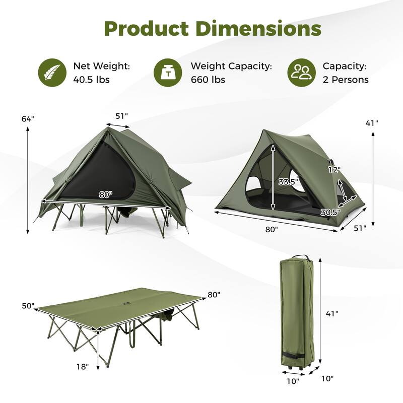 Green Oxford Cloth Metal 2-Person Camping Tent Cot Combo with Rainfly and Wheeled Bag - 80" x 51" x 64"
