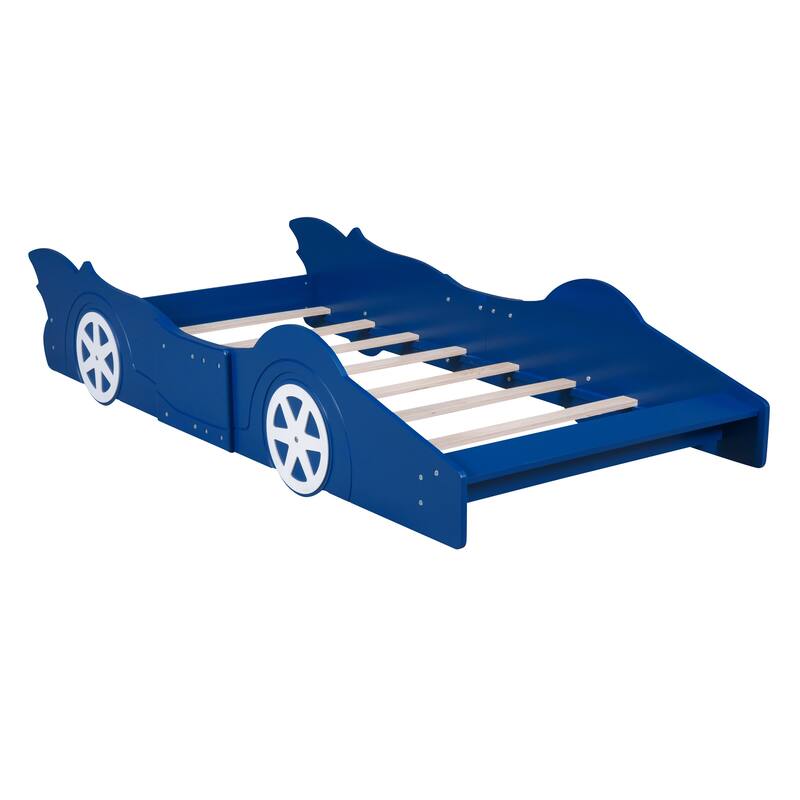 Twin Size Race Car-Shaped Platform Bed with Wheels, Blue