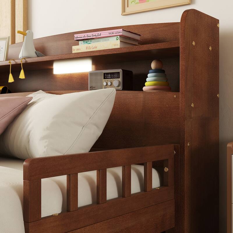 Full Pine Wood Bed with Bookcase Headboard, LED Motion Sensor Light, Bed Guardrails, Walnut Finish