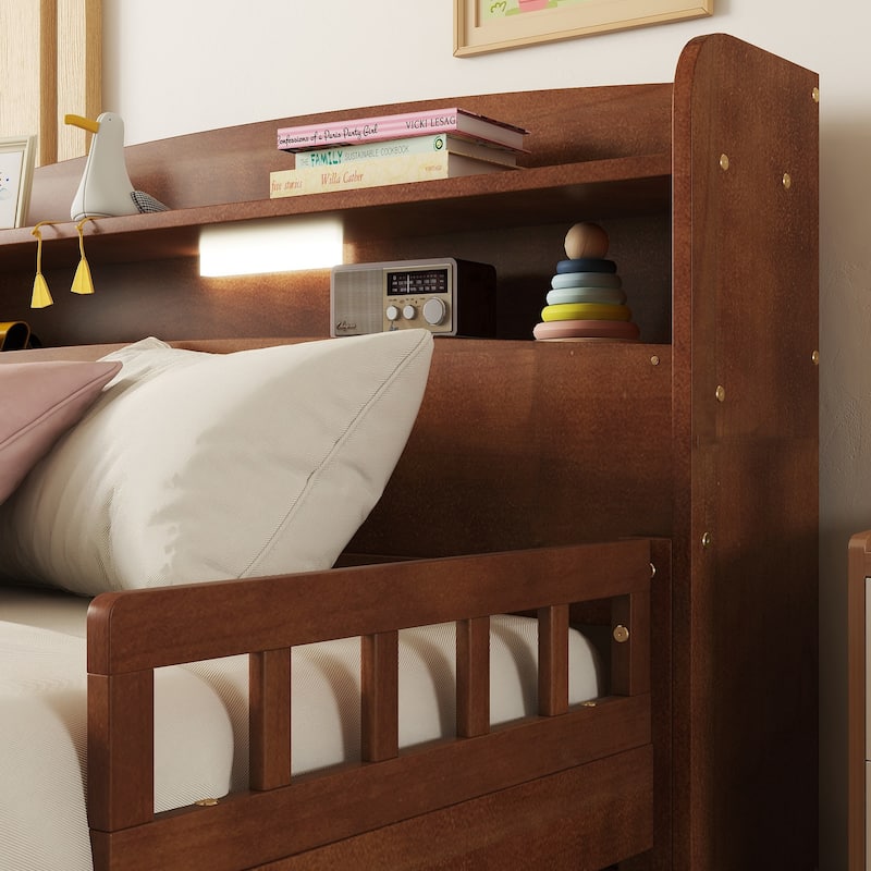 Pine Wood Bed with Bookcase Headboard