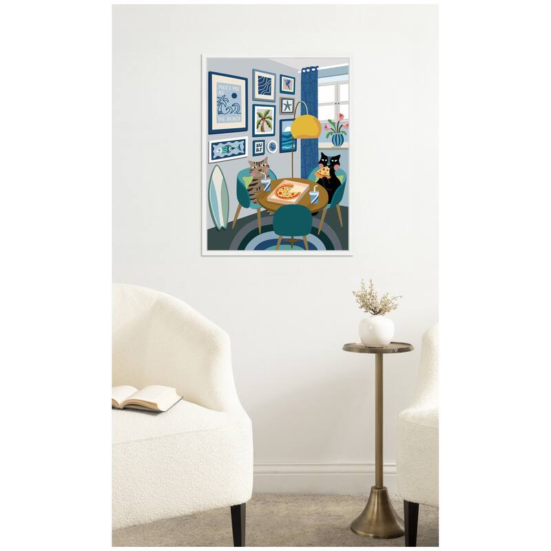 Kate and Laurel Pizza Cats by Rachel Lee 3 Birdies Studio Framed Canvas Wall Art Print