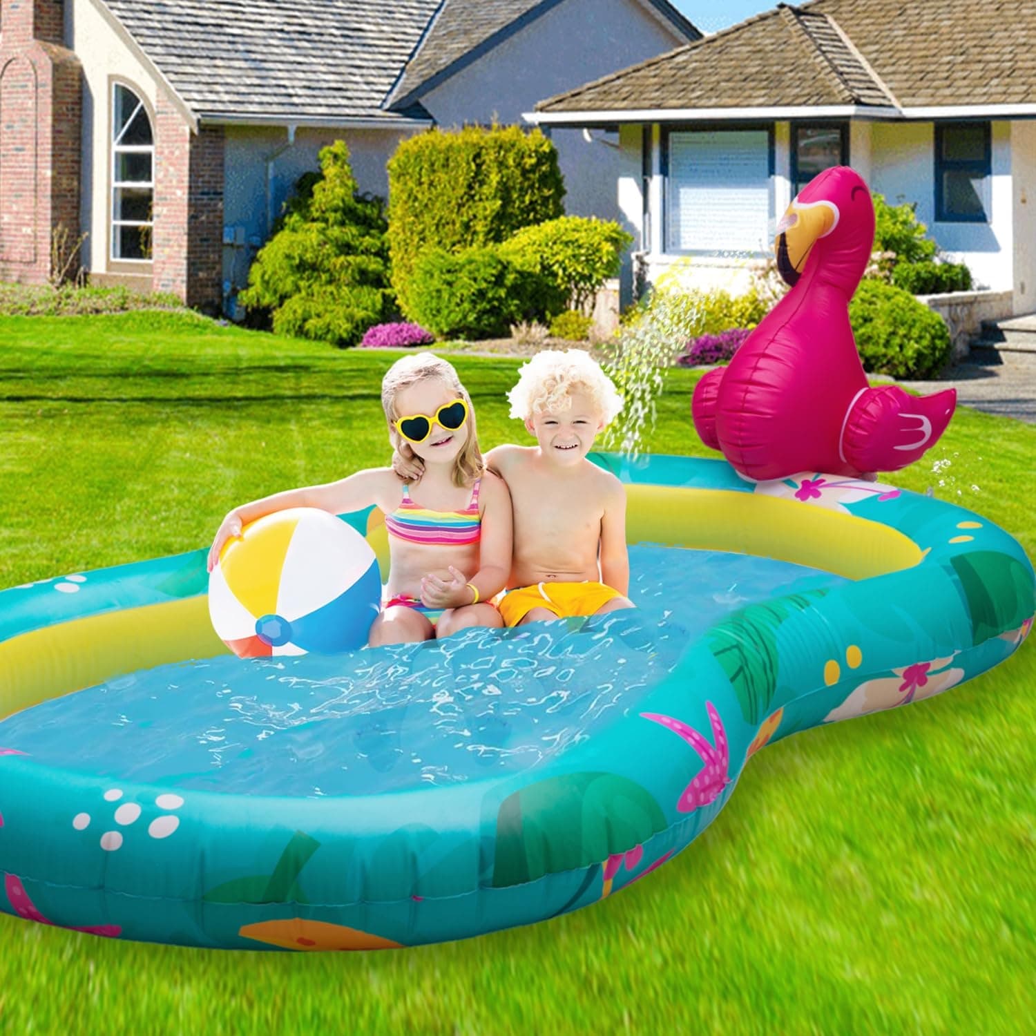 Flamingo Inflatable Kiddie Pool with Sprinkler Summer Outdoor Backyard Baby Water Games Pool 8 feet Outside Party Birthday Bed Bath Beyond 40548380