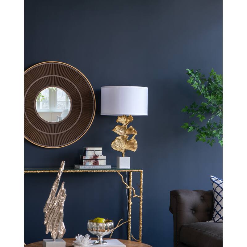 D17x30.2" Gold Ginkgo Leaf Table Lamp with Marble Base and White Drum Shade (Lamp Shade Assembly Required)
