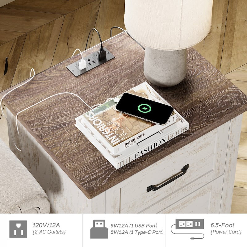 Farmhouse End Table Nightstands with Charging Station & Drawer
