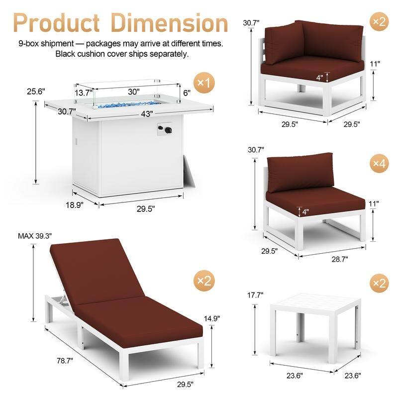 11-Piece Luxury Aluminum Outdoor Furniture Set with Chaise Lounge & Fire Pit Table, 29" Deep Seating Aluminum Patio Sectional