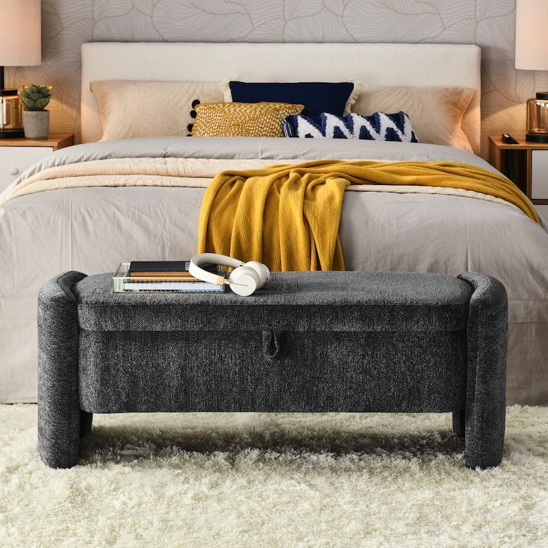 Oval Ottoman Storage Bench Chenille Fabric Bench with Large Storage Space