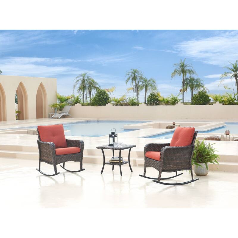 Pocassy 3-Piece Outdoor Wicker Rattan Rocking Set - Brown/Red