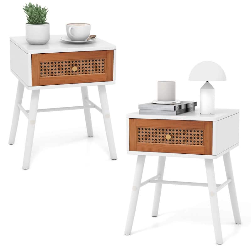 Costway 1/2 PCS Nightstand with Storage Drawer Rattan Decoration Solid - 2-drawer