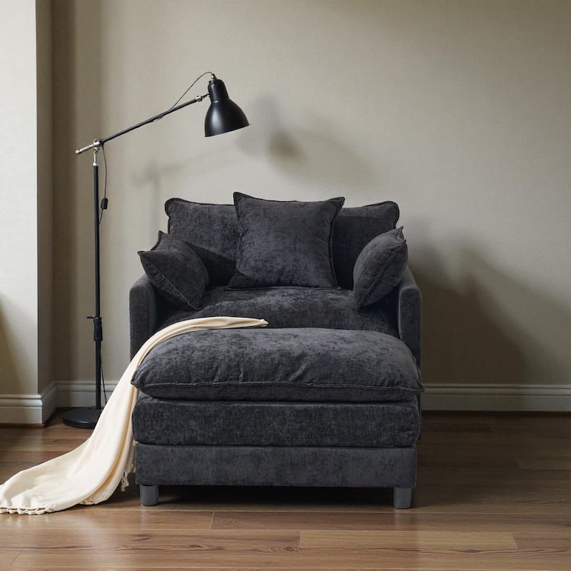 Modern Chenille Accent Chair with Ottoman, Oversized Upholstered Armchair for Living Room & Bedroom Reading