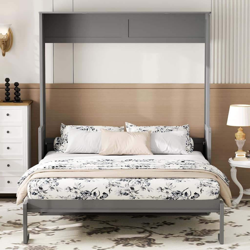 Queen Size Murphy Bed with LED Light and Charging Station, Wooden Murphy Bed Wall Bed Frame with Desk, No Box Spring Needed