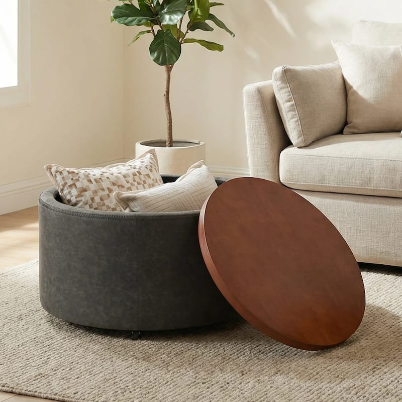 Christopher Knight Home - Mollet Modern 30" Round Hidden Storage Ottoman with Removable Wooden Lid & Rolling Wheel Casters