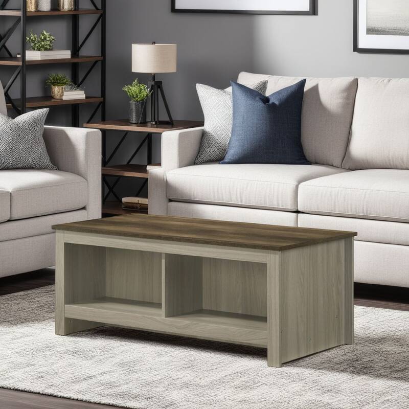 Nena Coffee Table with Open Shelves, Brown Wood Top, Oak Gray 43 Inch
