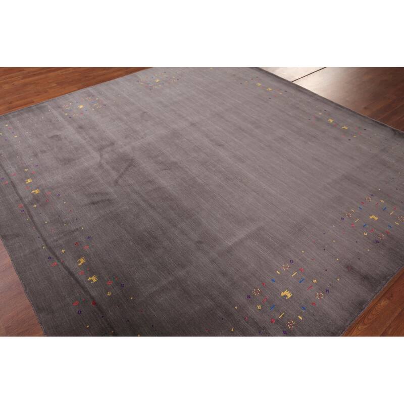 Earth Tone Gabbeh Indo Square Area Rug Hand-Knotted Wool Carpet - 8'2" X 7'10"