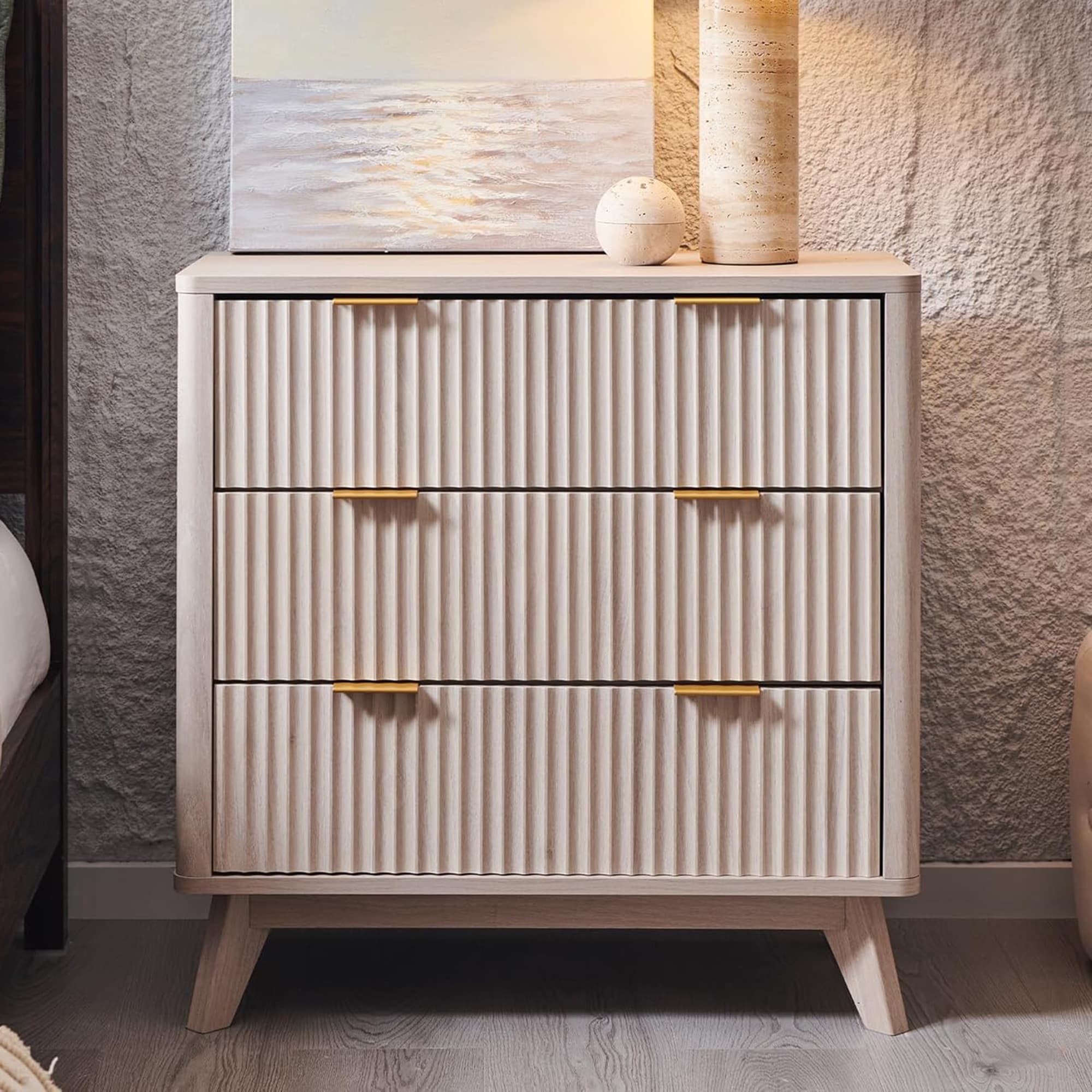 Modern Fluted 3 Drawers Dresser, Chest of Drawers for Bedroom