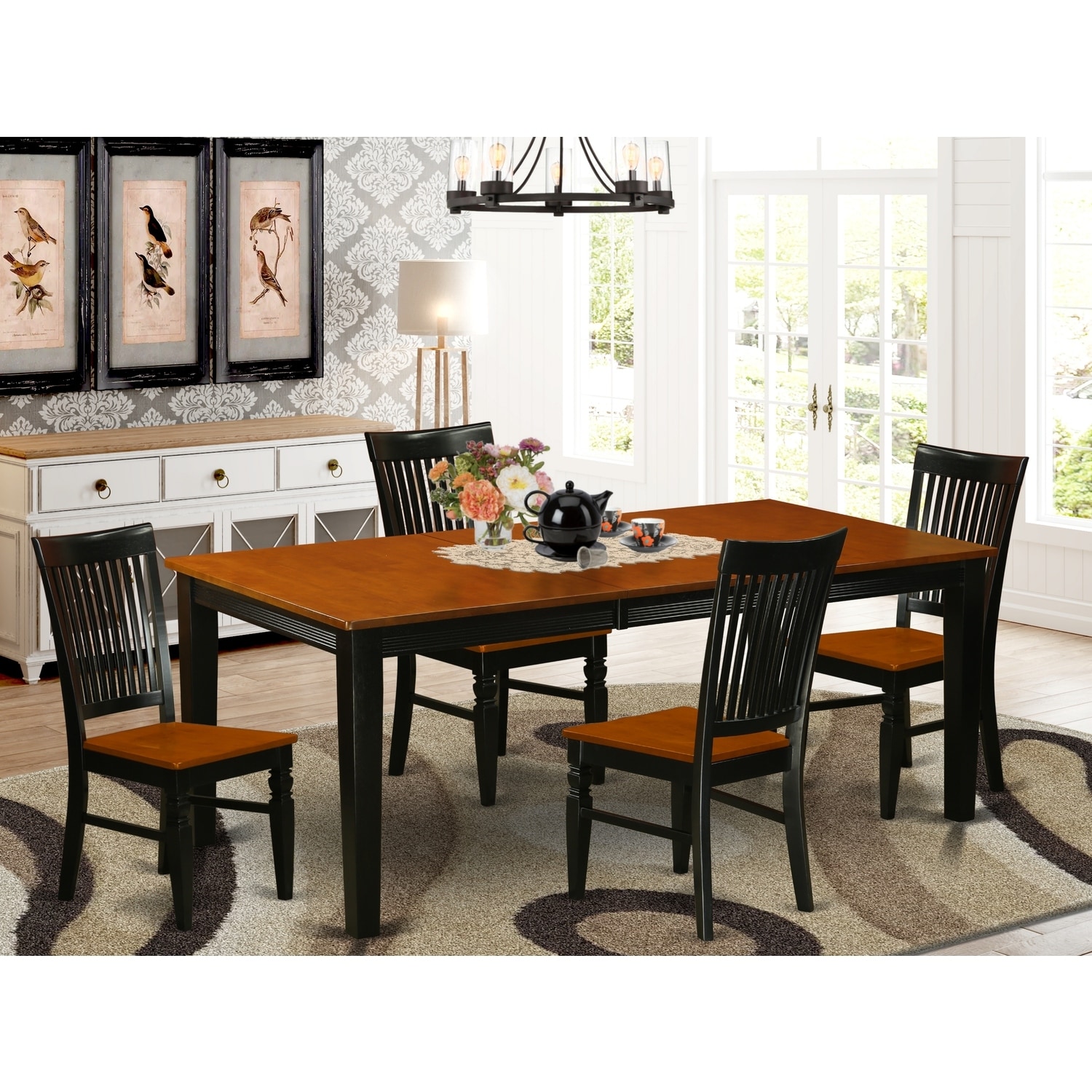 Kitchen Table Set 5 Piece - Dining Table & 4 Chairs - Black Cherry Wood - Modern Traditional Design