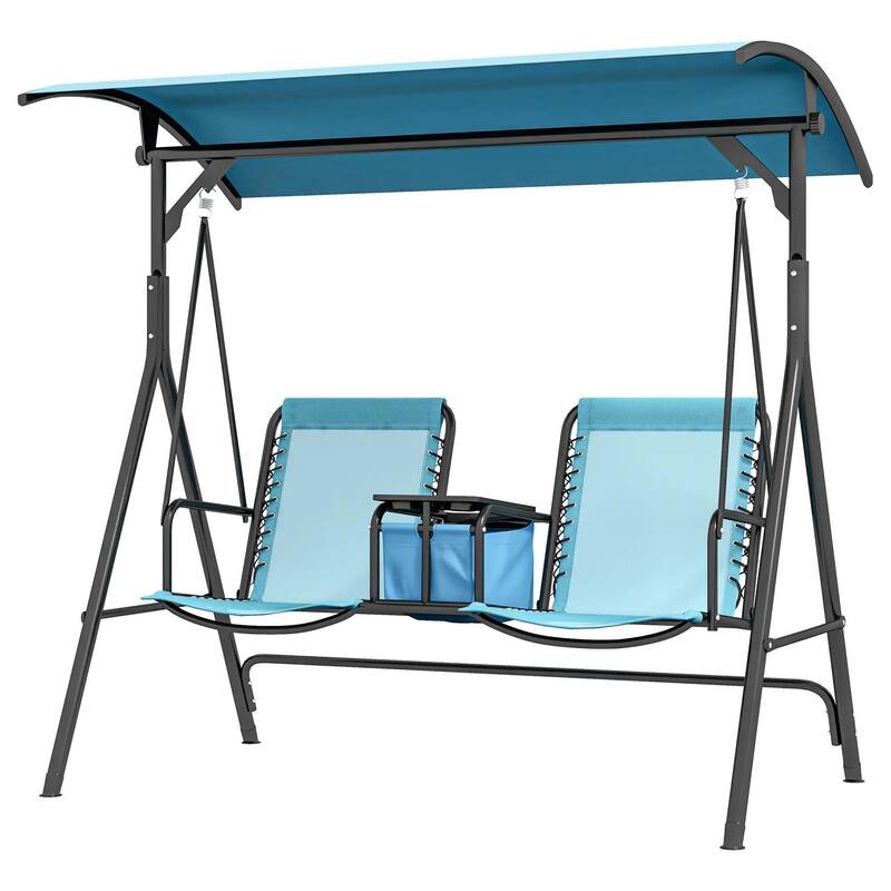 2-Seater Porch Swing with Pivot Table, Cup Holder, Adjustable Canopy