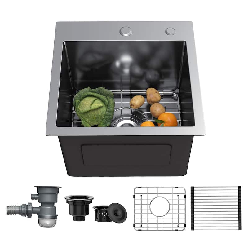 33 Inch Drop In Kitchen Sink Top mount Stainless Steel Black Sink w/Sink Protector Single Bowl Drop-in Sink for Workstation - 15''W X 15''D X 10''H