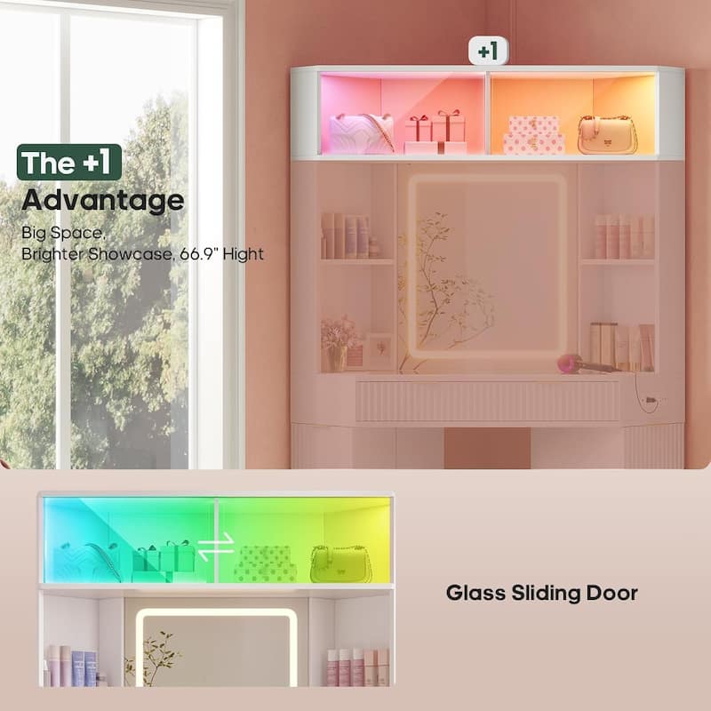Corner Vanity Desk with Lighted Mirror Drawers Shelves Storage Stool