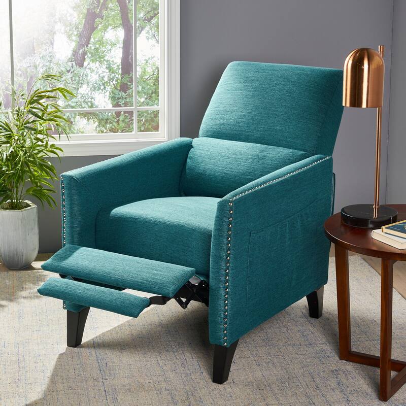 Modern Fabric Upholstered Push-Back Recliner with Footrest, Nailhead Accents, Birch Wood Legs