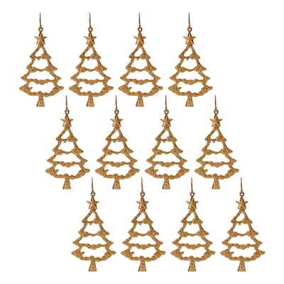 Set of 12 Metal Tree Ornaments 6 Inch Gold Indoor Holiday Decorations - 3.5” x 0.5” x 6”
