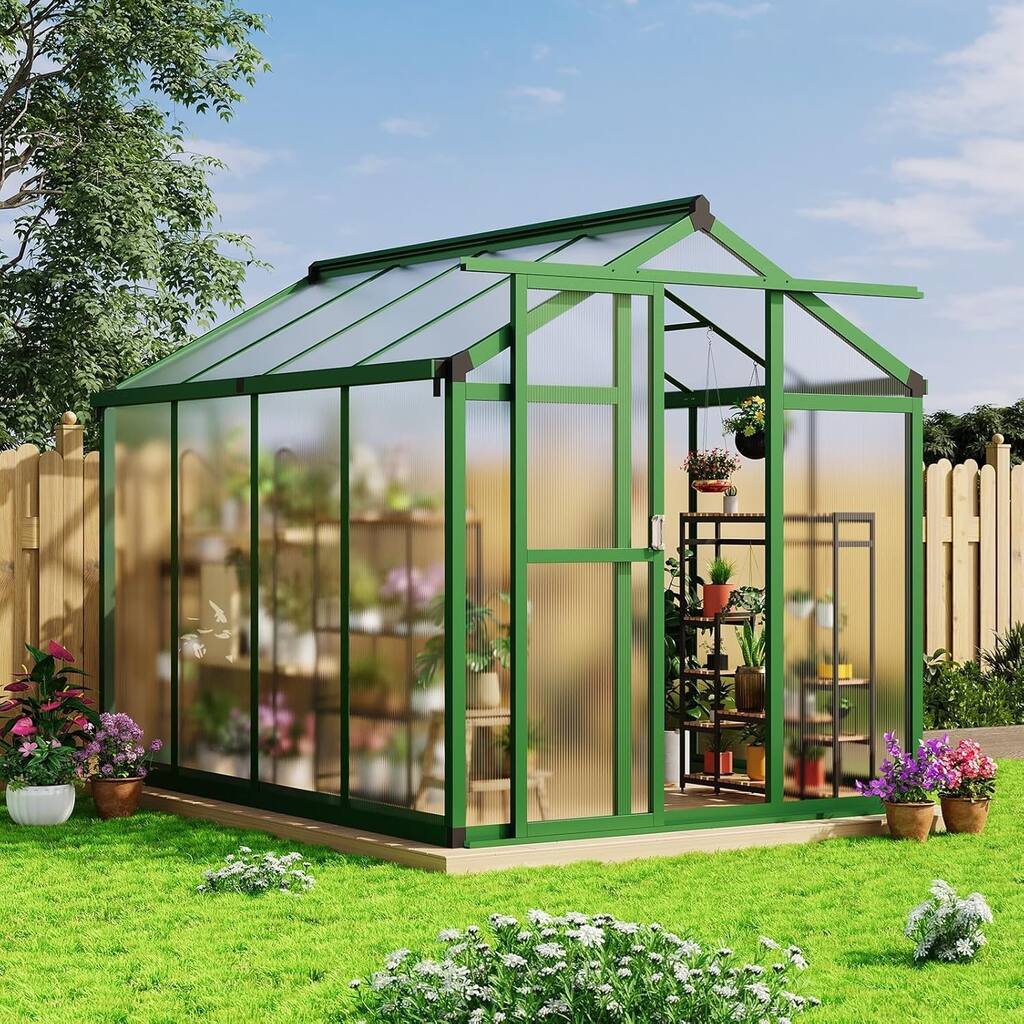 6x8 ft Large Walk-In Outdoor Greenhouse for Backyard, Patio, and Lawn Gardening, Green - 6 x 8FT