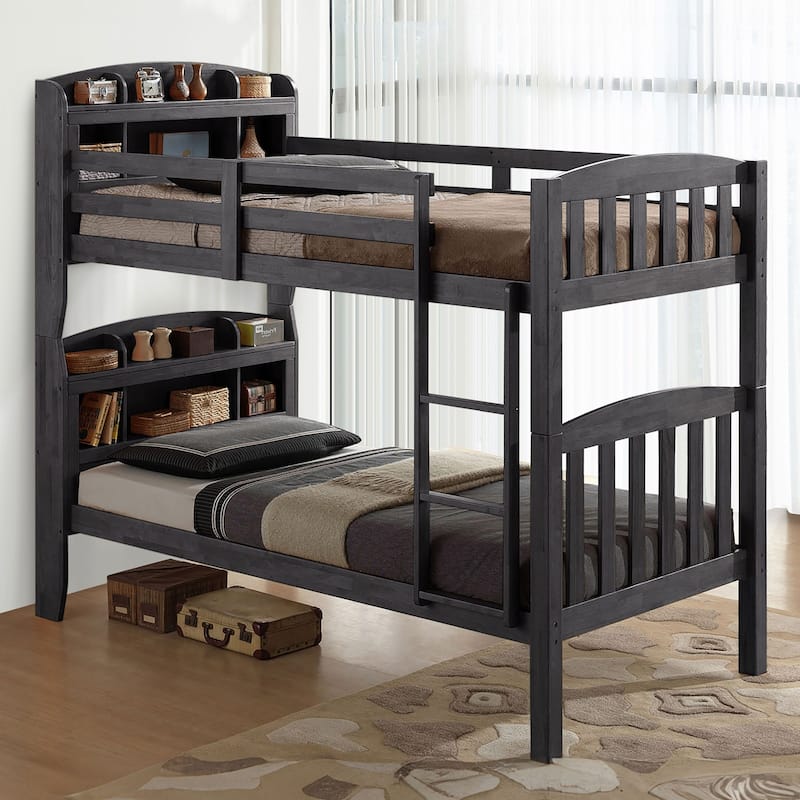 Convertible Twin Over Twin Bunk Bed with Ladder & Bookcase Headboard, Grey Finish