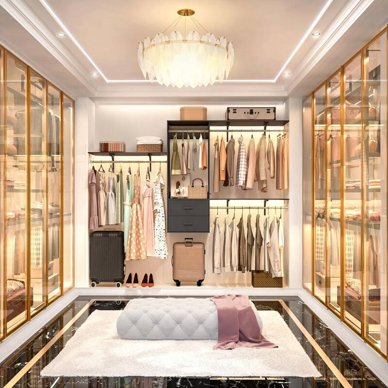 96'' Hanging Closet System with 3 Hanging Rod ＆ 3 Shelving Towers ＆ 2 Drawers,8FT Walk in Closet Organizer System